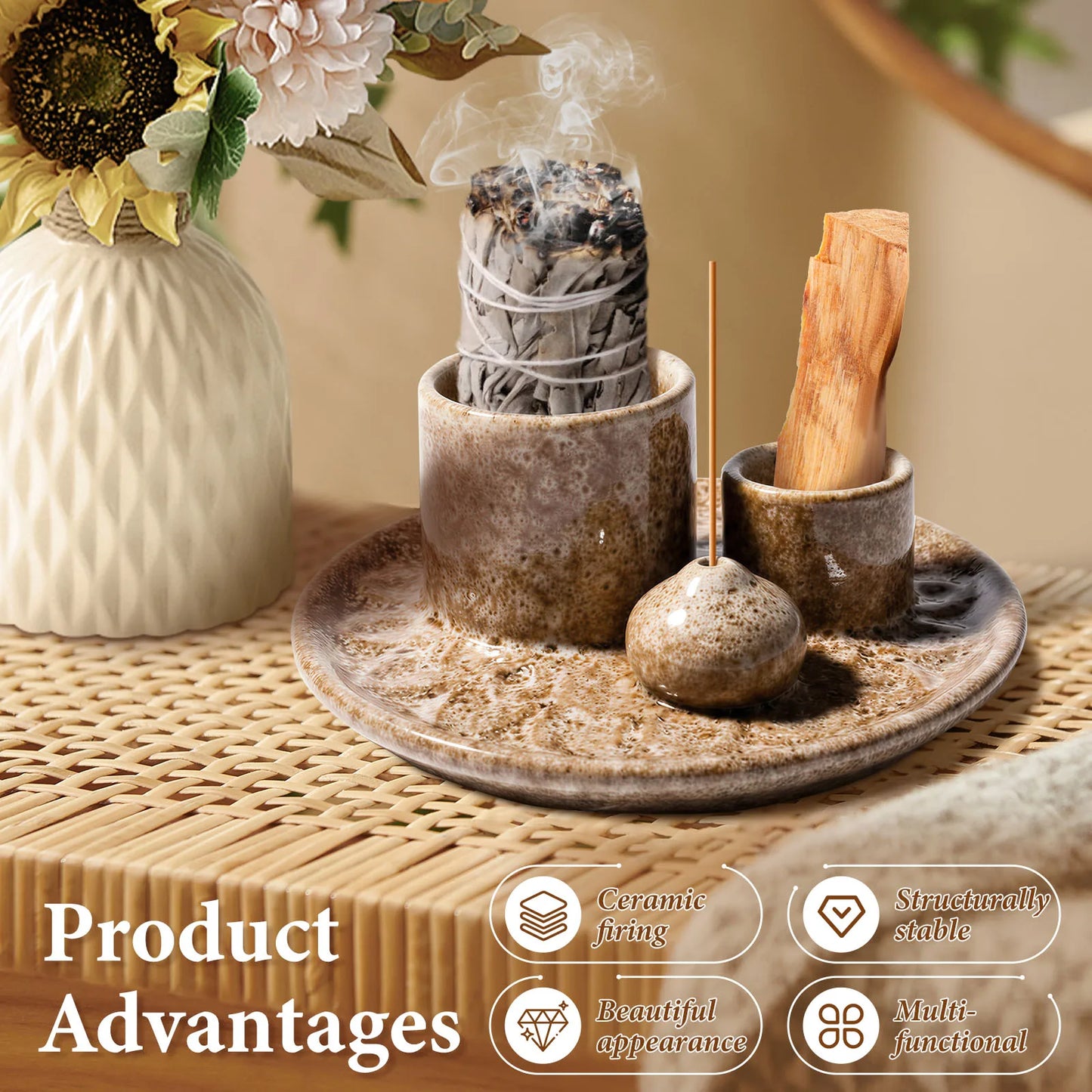 4-in-1 Ceramic Incense Burner for Aromatherapy Meditation Yoga and Home Decor Includes Sage Holder and Incense Holder for Sticks