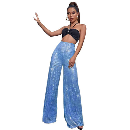 Vintage Bling Bling Sequined Pants Sexy Women High Waist Elegant Night Club Shiny Sequins Trousers