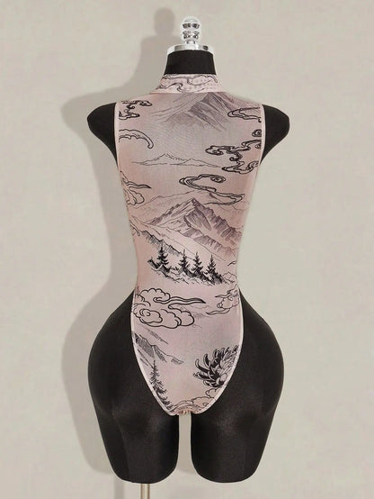 Sheer Mesh Bodysuit with Asian-Inspired Dragon & Floral Print, High Neck, Nude Tone