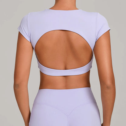 Hollow Backless Short Sleeve Sporty Slim T-shirt Women Crop Top Breathable Quick Dry Gym Workout Top Sport Shirt Fitness Clothes