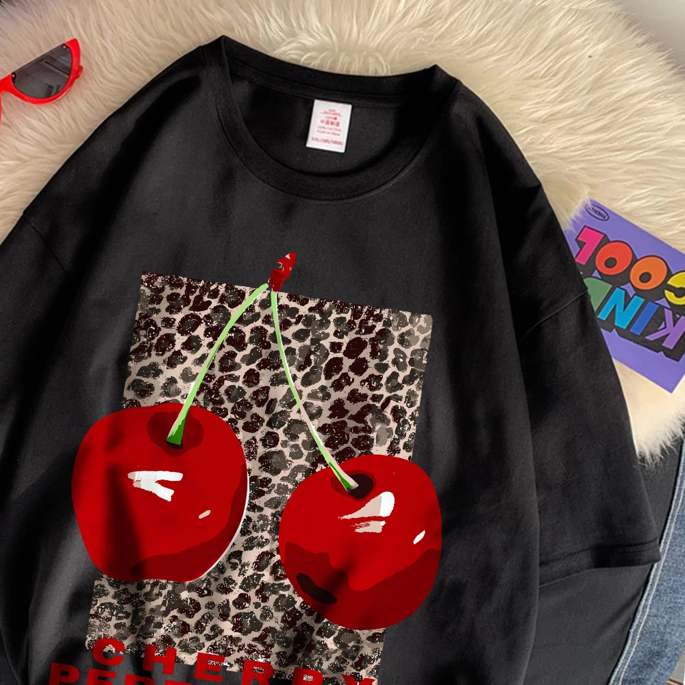 Cherry perfection T Shirt Women Leopard Prints Oversize Cotton T-Shirts Casual O-Neck Short Sleeve Tops Summer Woman Clothes