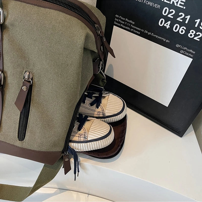 Canvas Travel Duffel Shoulder Crossbody Bag Shoes Compartment Gym Fitness Outdoor Short Distance Bag Luggage Weekend Handbag