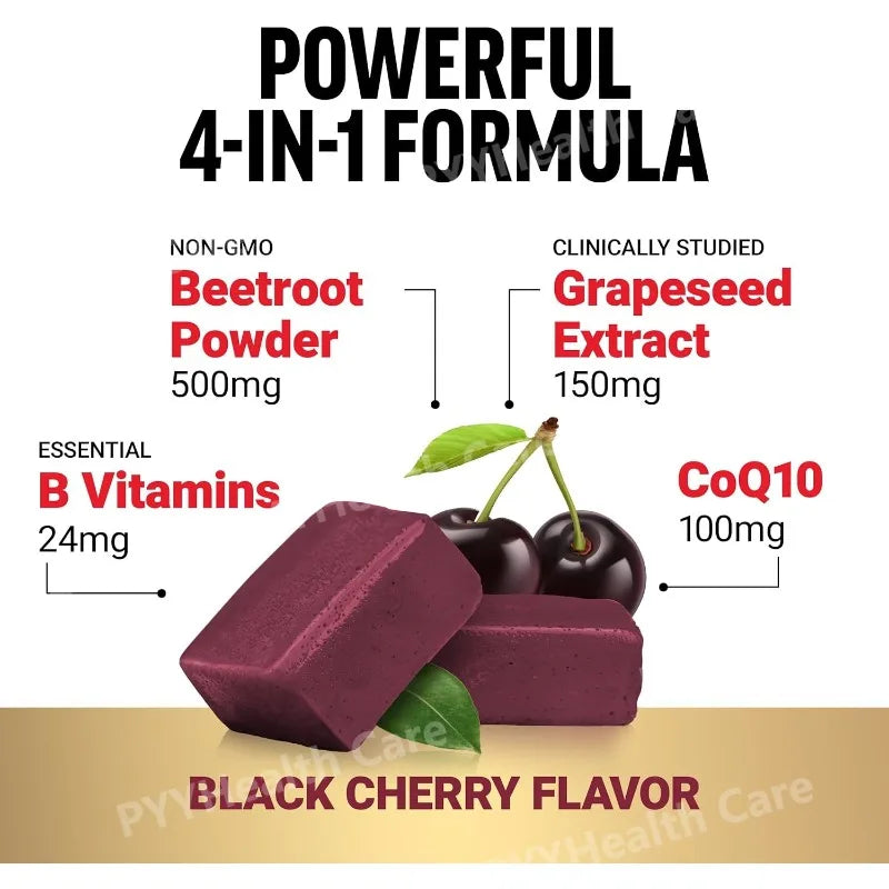 Beetroot Gummies with CoQ10, B Vitamins Grape Seed Extract Plant-Based Soft Chews Daily Energy Supplement
