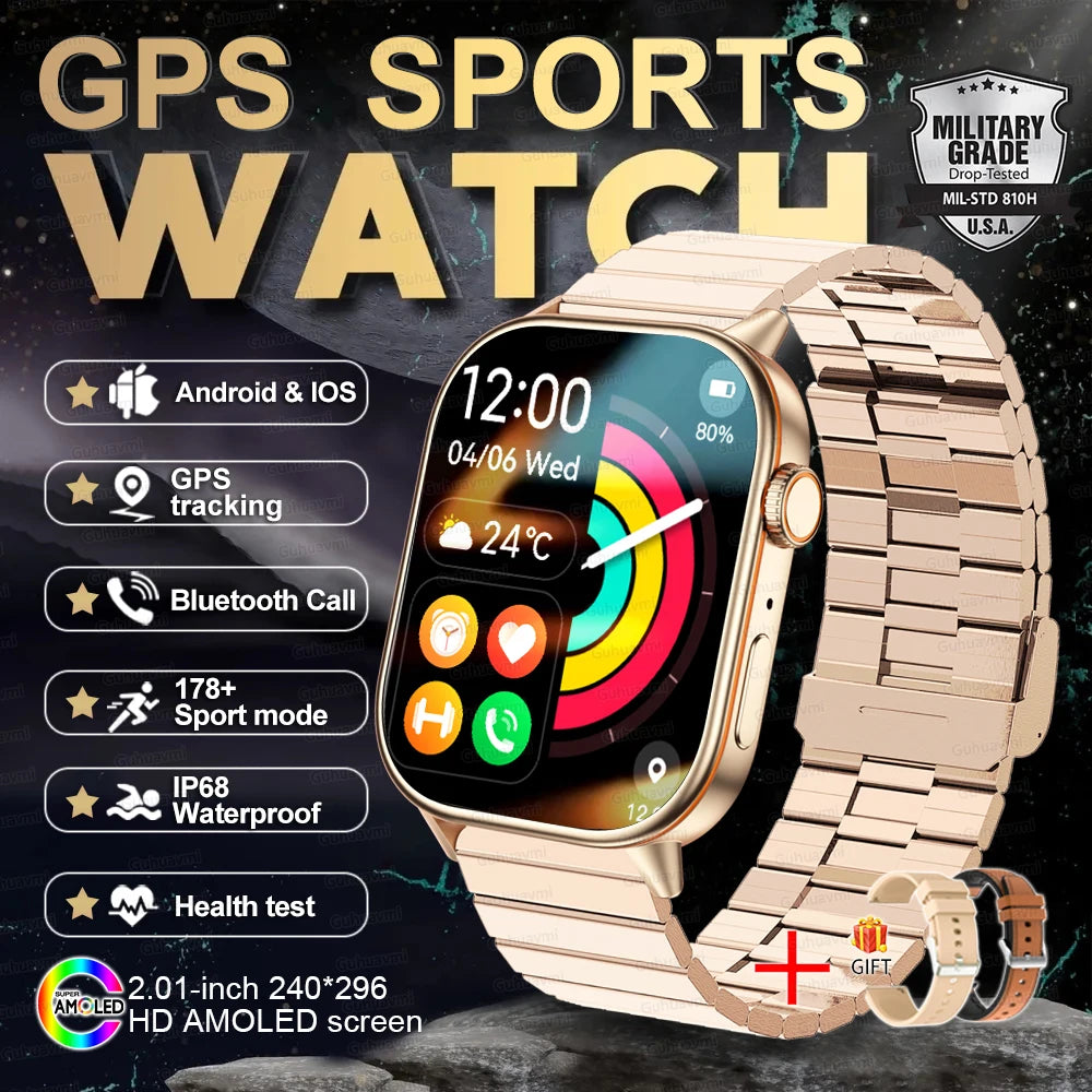 2025 New Outdoor Military GPS Smart Watch 2.01-inch AMOLED Screen BT Call 178+ Sport Mode IP68 Waterproof Smartwatches Man Women