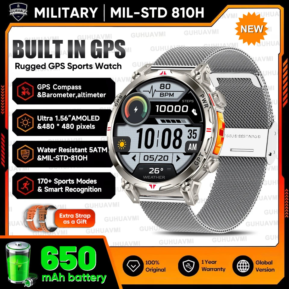 2026 Outdoor GPS Sports Smart Watch Men Built in GPS Compass 5ATM Waterproof Bluetooth Call HD AMOLED Screen Fitness Smartwatch