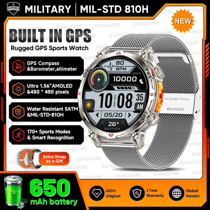 2026 Outdoor GPS Sports Smart Watch Men Built in GPS Compass 5ATM Waterproof Bluetooth Call HD AMOLED Screen Fitness Smartwatch