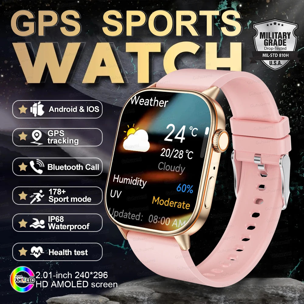 2025 New Outdoor Military GPS Smart Watch 2.01-inch AMOLED Screen BT Call 178+ Sport Mode IP68 Waterproof Smartwatches Man Women