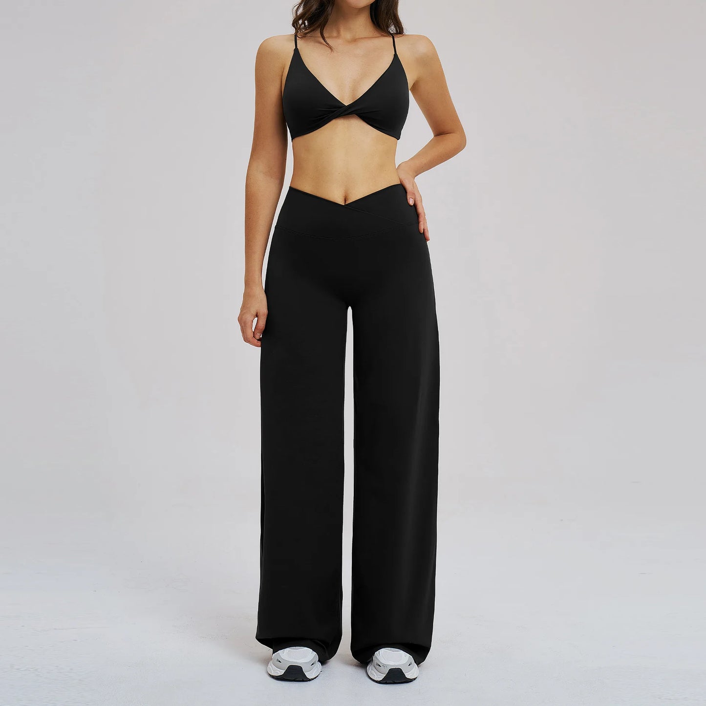 Yoga Set - Backless Bra + Cross Waist Wide Leg Pants Fitness Suit, Jogging Tracksuit Active Wear Workout Loungewear Sports Gym