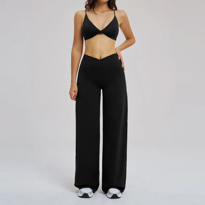 Yoga Set - Backless Bra + Cross Waist Wide Leg Pants Fitness Suit, Jogging Tracksuit Active Wear Workout Loungewear Sports Gym
