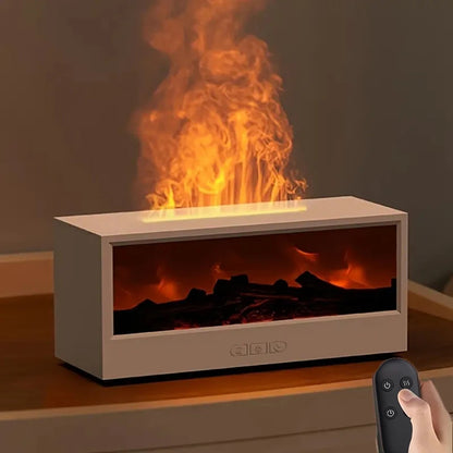 Simulated 3D flame aroma diffuser and humidifier, featuring colorful ambient lighting, remote control, and sonic technology