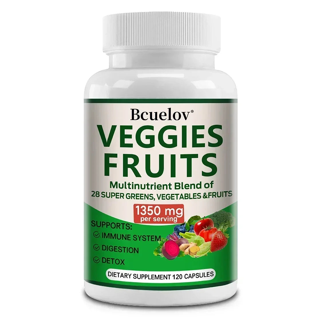 1350mg Fruit and Vegetable Supplement - 28 Complex Nutrients - Boosts Digestion, Detoxification, and Immune Support