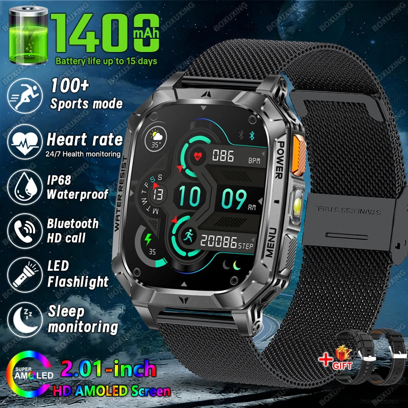 Rugged Military 1400mAh Battery Smart Watch Fitness Tracking IP68 Waterproof Tactical Sports Flashlight 2026 New Men Smartwatch