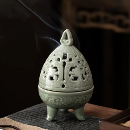 Celadon Hollow Floral Pattern Tripod Aromatherapy Burner Coil Incense Holder Indoor Tea Ceremony Fragrance Censer Home Decor