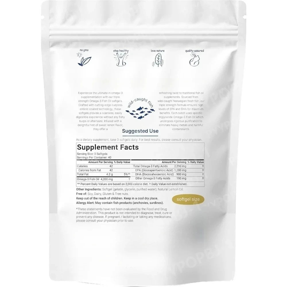 Triple Strength Omega 3 Fish Oil Supplements 4200mg Per Serving 120 Softgels Lemon Flavored Burpless EPA