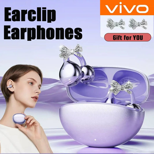 Vivo Wireless Bluetooth Open Ear Headphones Clip-on Earbuds with Detachable Crystal Bowknot Earrings For Sports Fitness Workouts