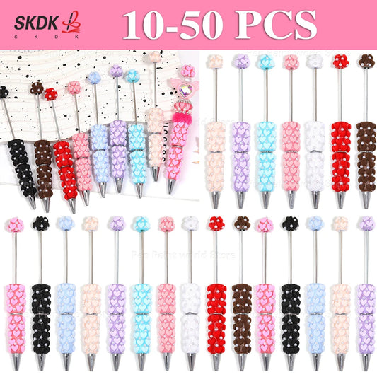 10-50Pcs DIY Clay Heart Bead Pen with Pearl Detail — Useful Ballpoint Pen for Journaling, Office, and Gifts