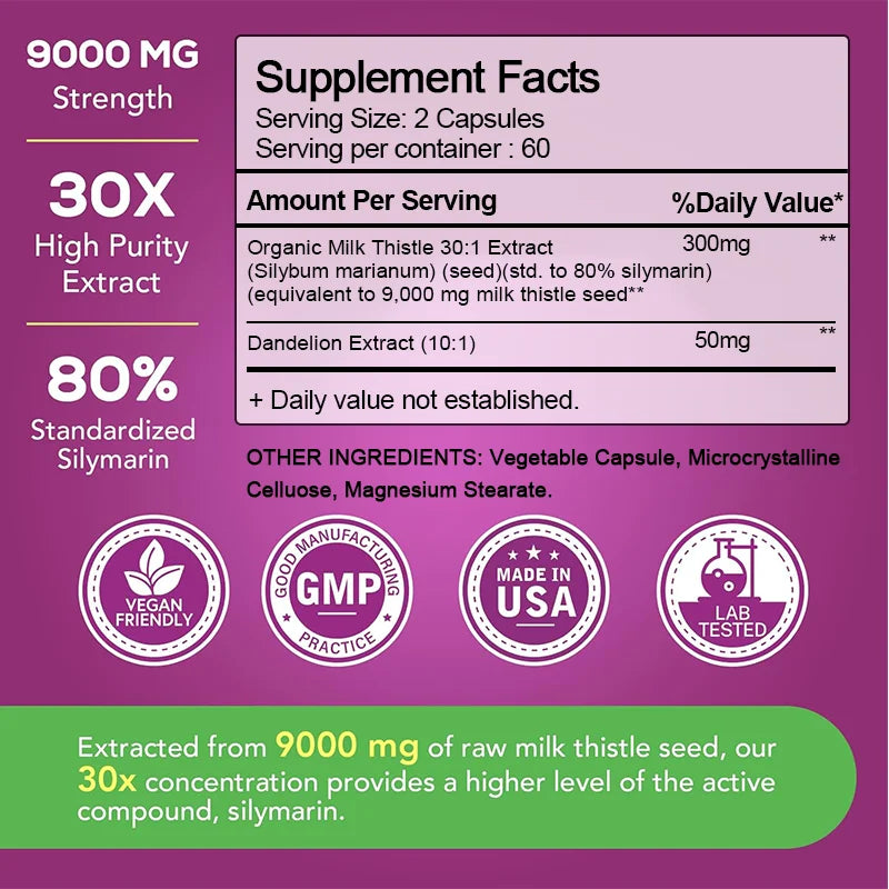 Organic Milk Thistle 9000mg 30X Concentrated Seed Extract, 80% Silymarin, Liver Support Cleanse Detox, Fatty Liver Supplements