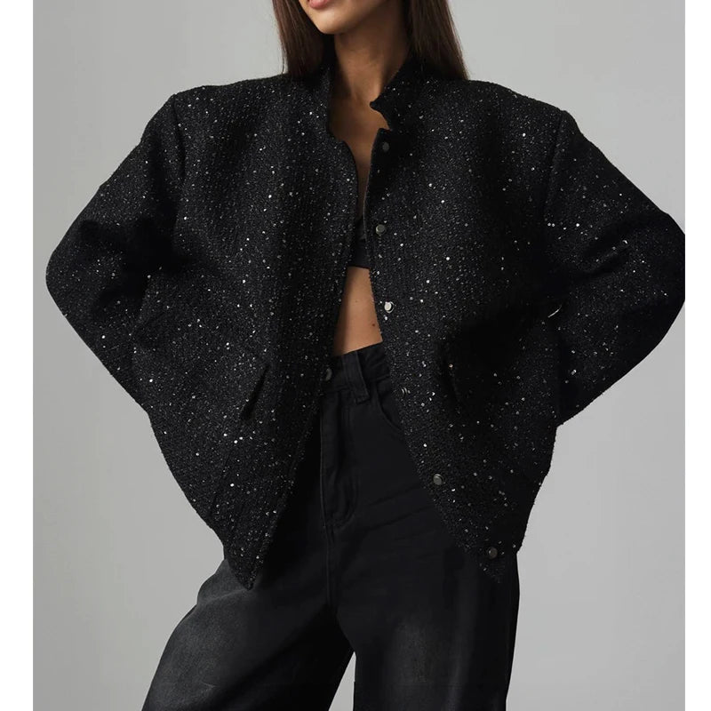 2025 Women Spring Vintage Sequins Jacket Coat Fashion Women Stand Collar Loose Style Jacket Femme Streetwear Tops Clothes