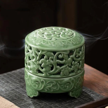 Celadon Hollow Floral Pattern Tripod Aromatherapy Burner Coil Incense Holder Indoor Tea Ceremony Fragrance Censer Home Decor