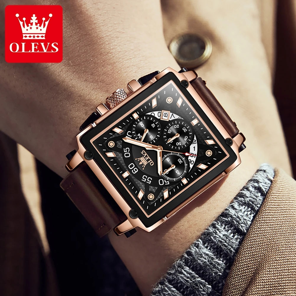 OLEVS 9919 Chronograph Multifunctional Quartz Men's Watch Leather strap 45MM Square Big Dial Leisure Sports TOP Brand Male Watch