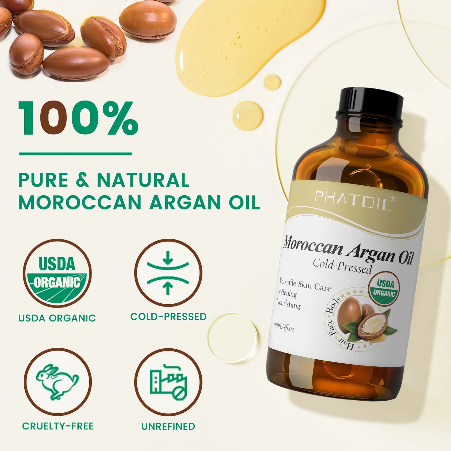 PHATOIL 118ml Organic Face Oil Natural Cold Pressed USDA Carrier Oils- Castor Oil,Jojoba,Moroccan Argan Oil,Rosehip Seed Oil