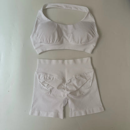 Yoga Shorts Sets Seamless Yoga Set Women 2Pcs Halter Sports Bra Scrunch Butt Gym Shorts Set Workout Clothes Summer Sportswear