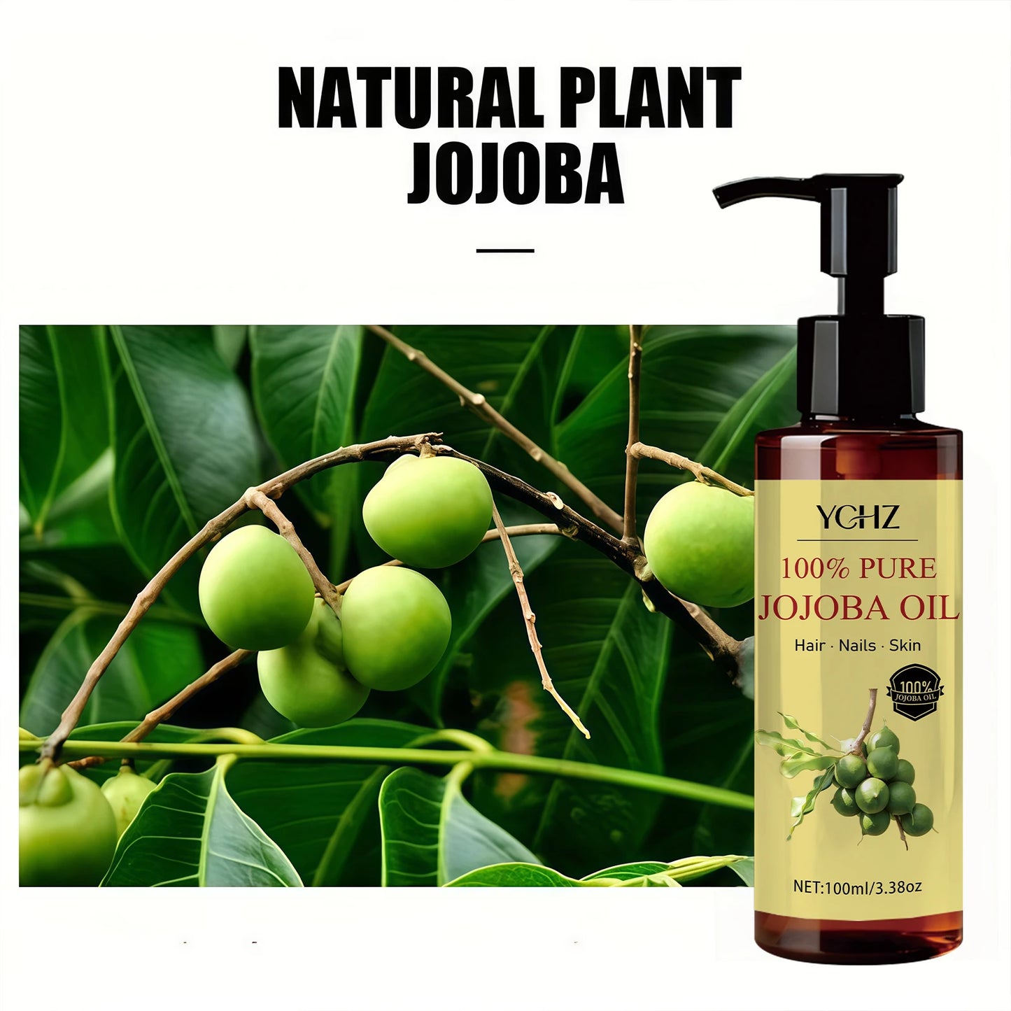 Jojoba Oil—Pure Natural Skin Care and Hair Care Product, Moisturizes the Skin, Nourishes the Scalp and Hair. Suitable for the Face, Neck, Hair, Hands, Feet, and Body, Can Be Used for Massage, Skin Care, and Eyelash Care.