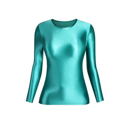 MJINM Glossy Satin Elastic Crewneck Longsleeve Breathable Tops Blouse Streetwear Sport Fitness Yoga Tees Casual Tight Undershirt