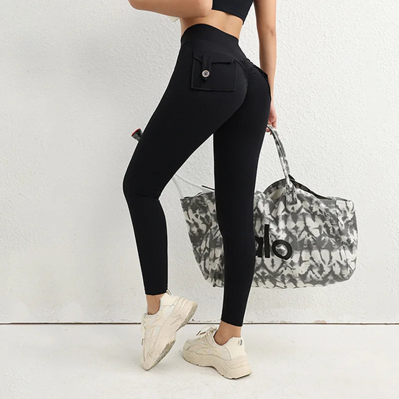TRY TO BN Sports Gym Leggings Yoga Pants Fitness Scrunch Buttons Peach Hips High Waist Leggings With Pocket Running Tights Women