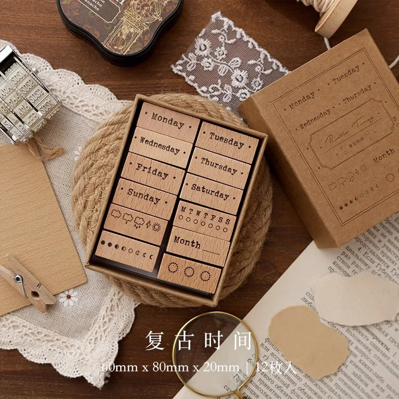 Cute Flower Week Day Moon Stamps For Scrapbooking DIY Journaling Card Deco Craft Supplies Hobby Girl Seal Wooden Stamping