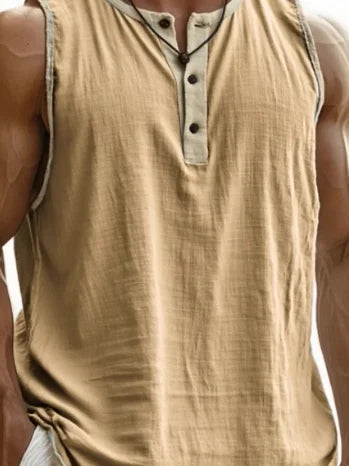 Summer 2025 Men's Fashion Cotton Sleeveless Fitness Casual Vest Color Block Trendy Button Decorated Loose Fit Sweat Wicking