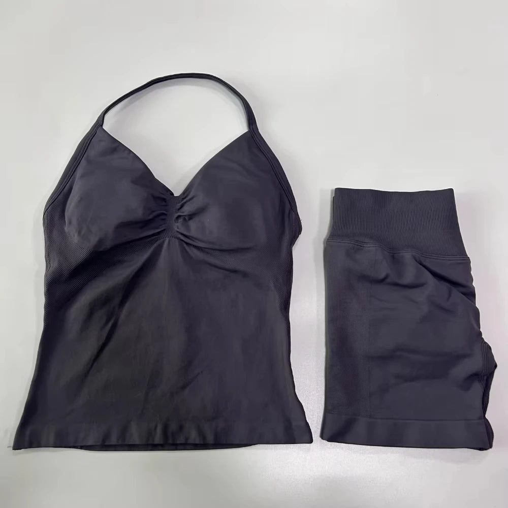 2Pcs Gym Set Women Backless Tank Tops High Waist Scrunch Seamless Shorts Gym Suit Fitness Clothes Activewear Workout Set