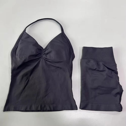 2Pcs Gym Set Women Backless Tank Tops High Waist Scrunch Seamless Shorts Gym Suit Fitness Clothes Activewear Workout Set